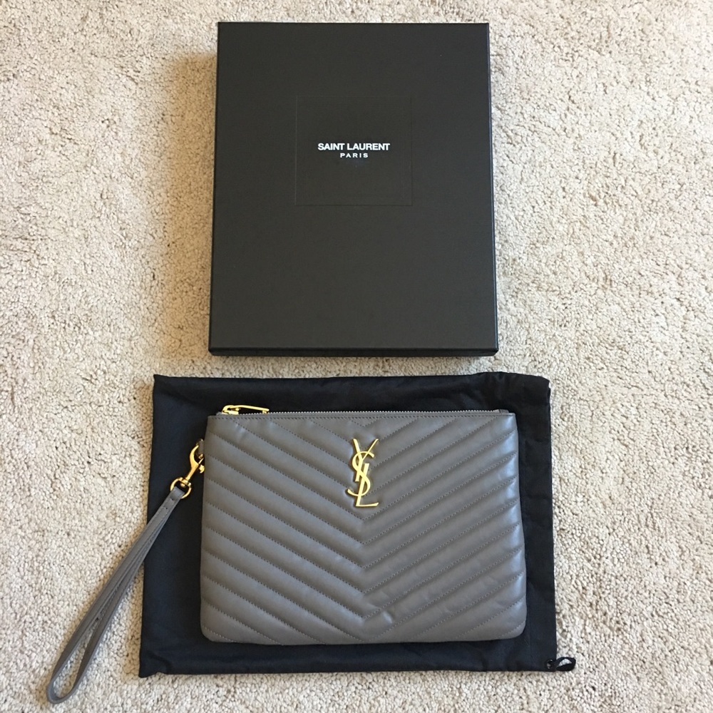 NEW Saint Laurent YSL grey matelasse pouch.